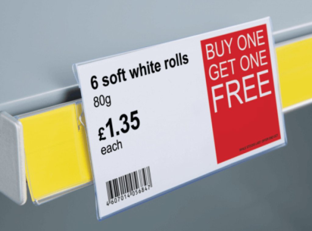 Shelf promotional labels and stickers.